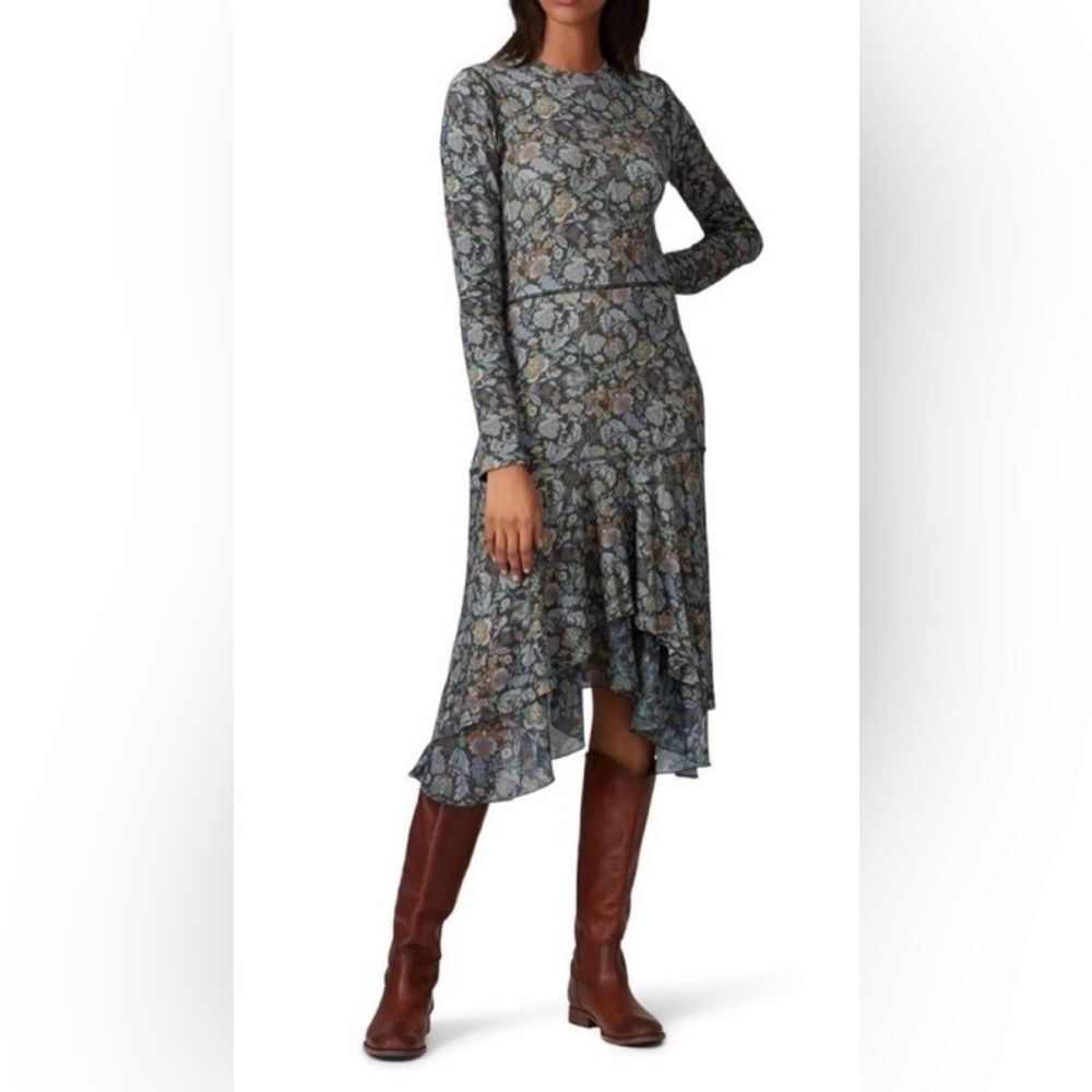 See by Chloe Long Sleeve Wool Blend Midi Dress in Gray Multi Floral Size XS